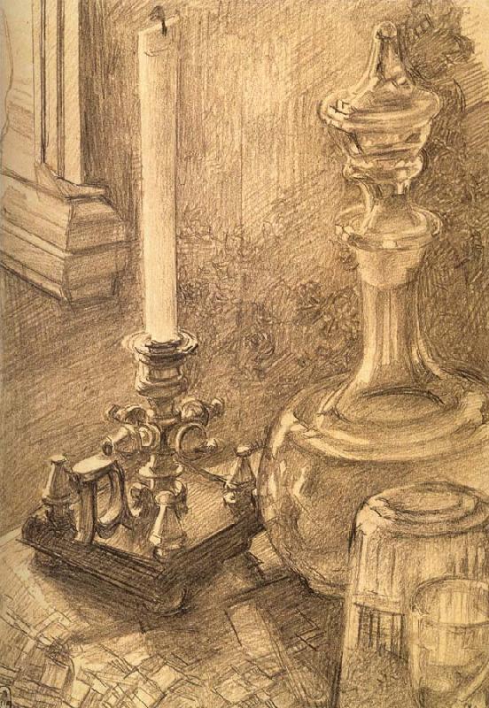 Mikhail Vrubel Still Life with a Candlestick,a carafe,and a glass